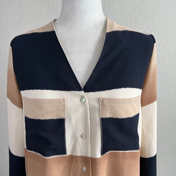 Joseph Ribkoff Striped Blouse Women's 6 Navy Blue Beige Hi-Lo Hem Button Down - Picture 6 of 7